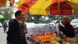Legislative Council President Tsang Yok-sing talks to fruit stall owner at Wah Fu Estate. He dismisses fears that universal suffrage would result in welfarism.