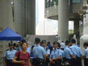 Police mount tight security around Grand Hyatt Hotel, where Zhang Dejiang was residing during his visit.