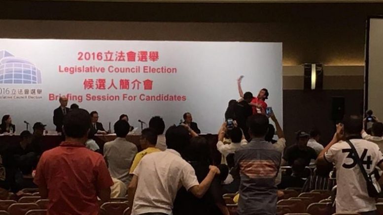 Chaos erupted at a Electoral Affairs Commission briefing for candidates contesting for the Legislative Council election on Tuesday. Protesters are infuriated with the decisions to disqualify candidates deemed as separatists.