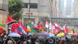 Protesters raise national flags of foreign countries at a rally.