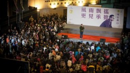 Civic Party's Alvin Yeung speaks to supporters at an election rally held in North Point at Sunday evening.