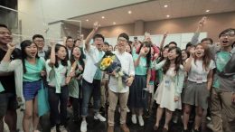 A student group, Demosisto, celebrates the victory of their co-founder, Nathan Law, a former Occupy Central student leader, in the Legco election.