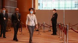 Chief Executive Carrie Lam inspects the Election Committee election centre on Sunday.